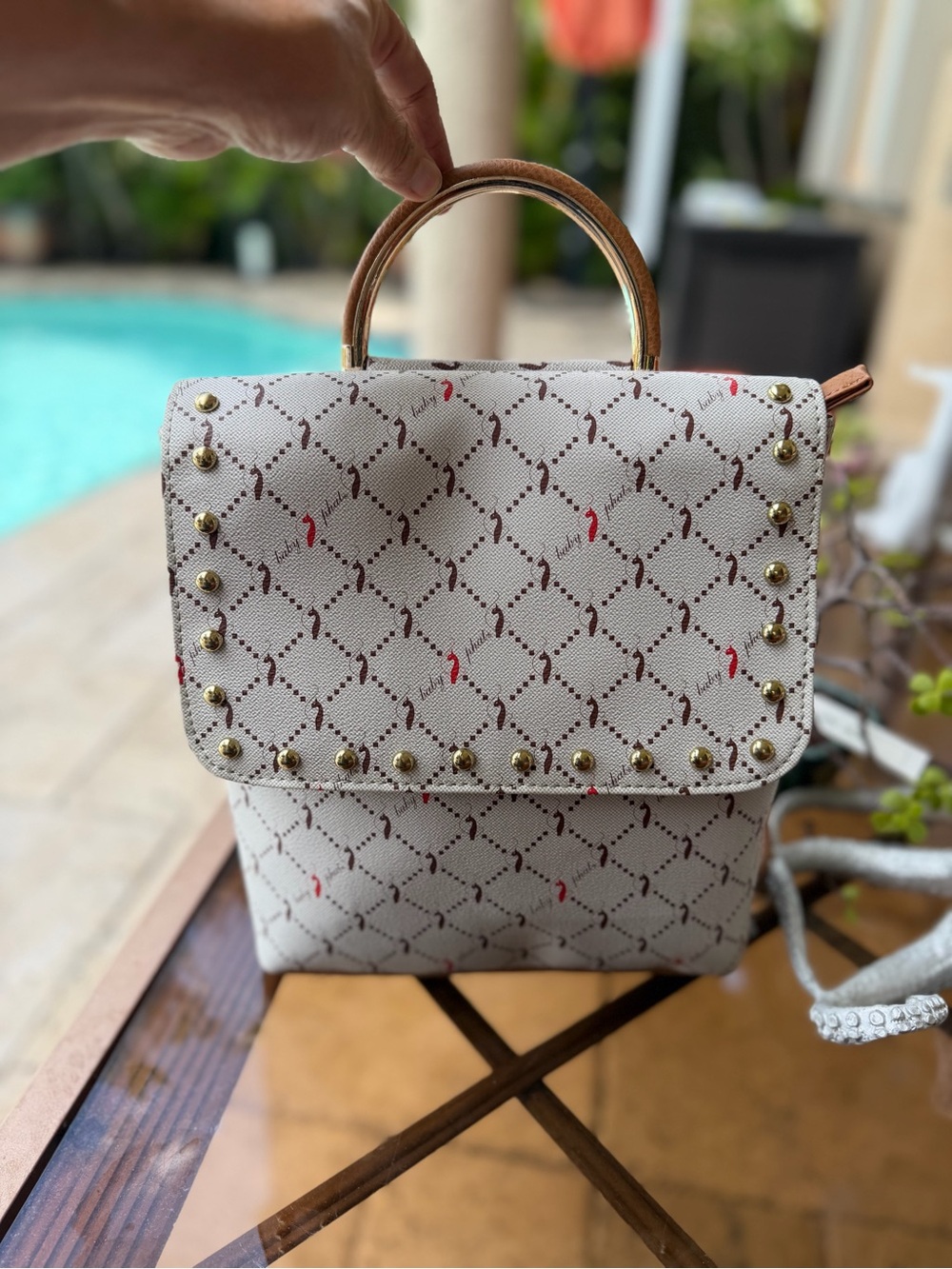 Baby Phat Vintage Cream & Tan Patterned Studded Top-Handle Mini-Backpack